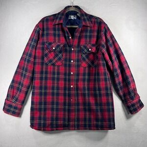 VTG 90s Arctic Circle Plaid Flannel Quilt Lined Shacket Red Navy Mens M Grunge